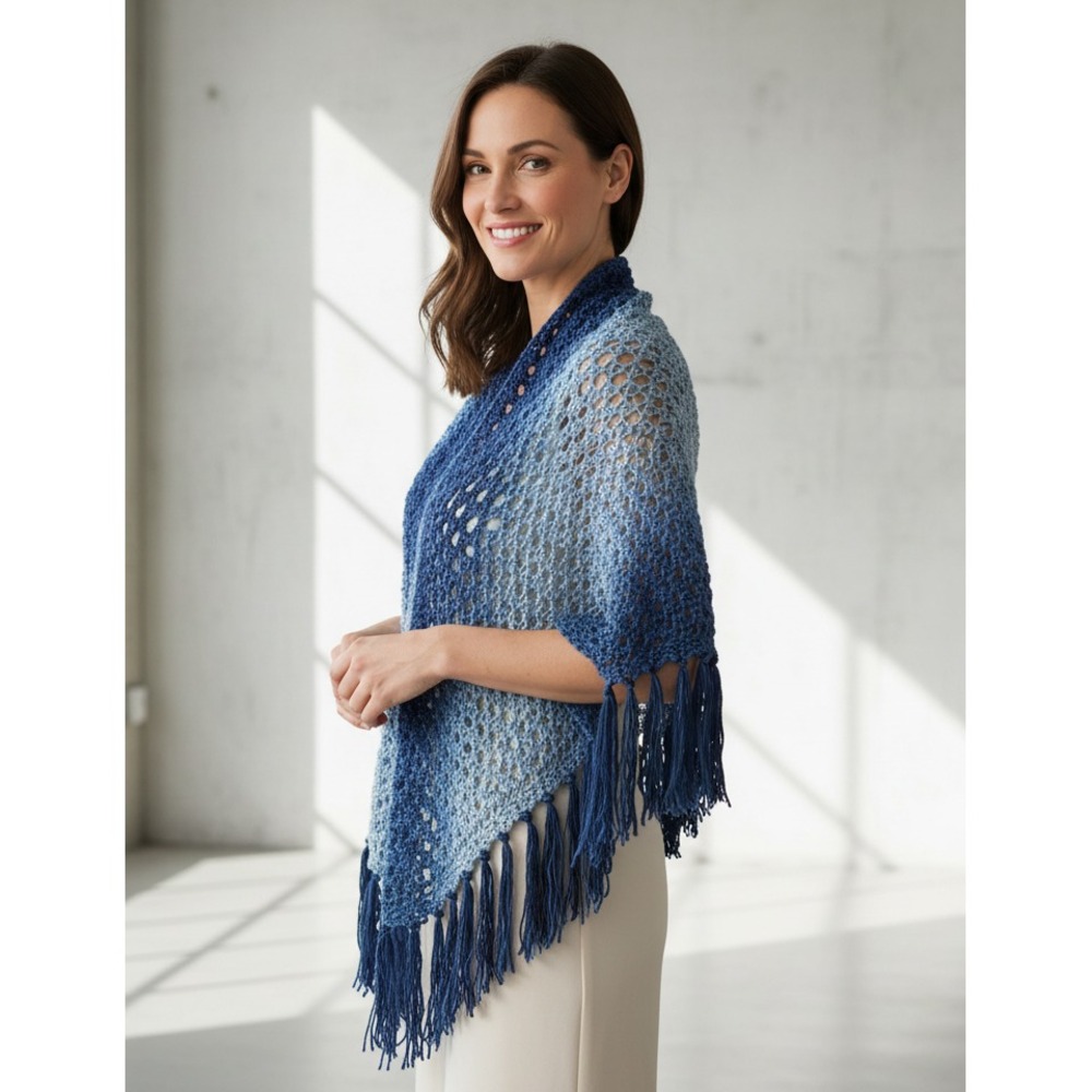 NEW Blue Ombre Hand Knitted Eyelet Shawl Wrap‎ Scarf Boho Hippie Artsy Cottage